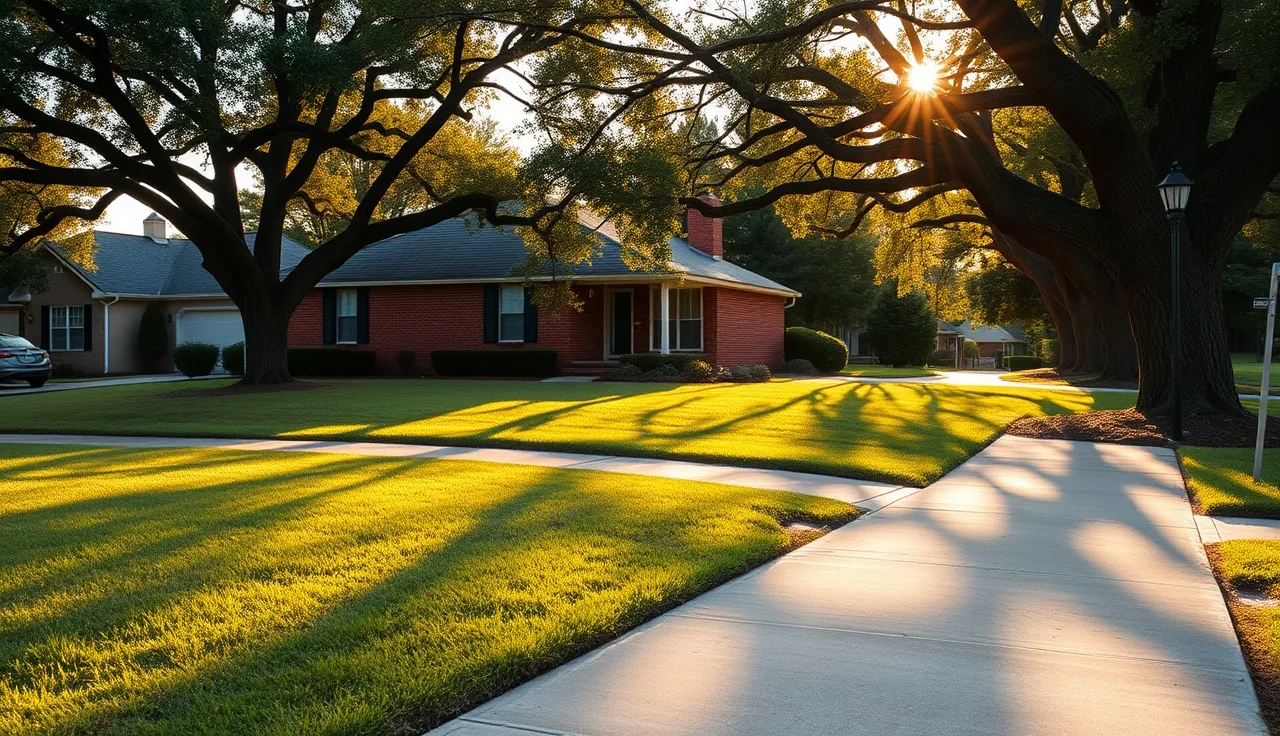 Brick suburban home on a quiet Gwinnett County street at golden hour