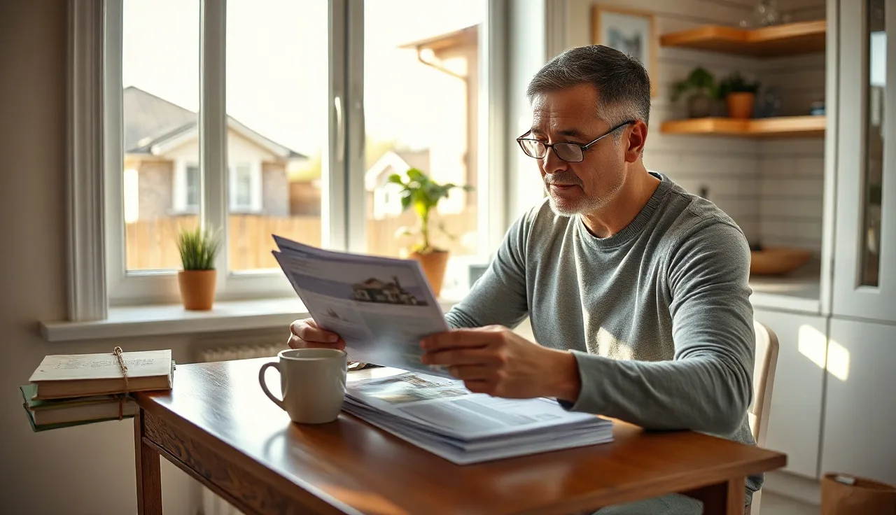 Homeowner reviewing property assessment documents at kitchen table with house in background