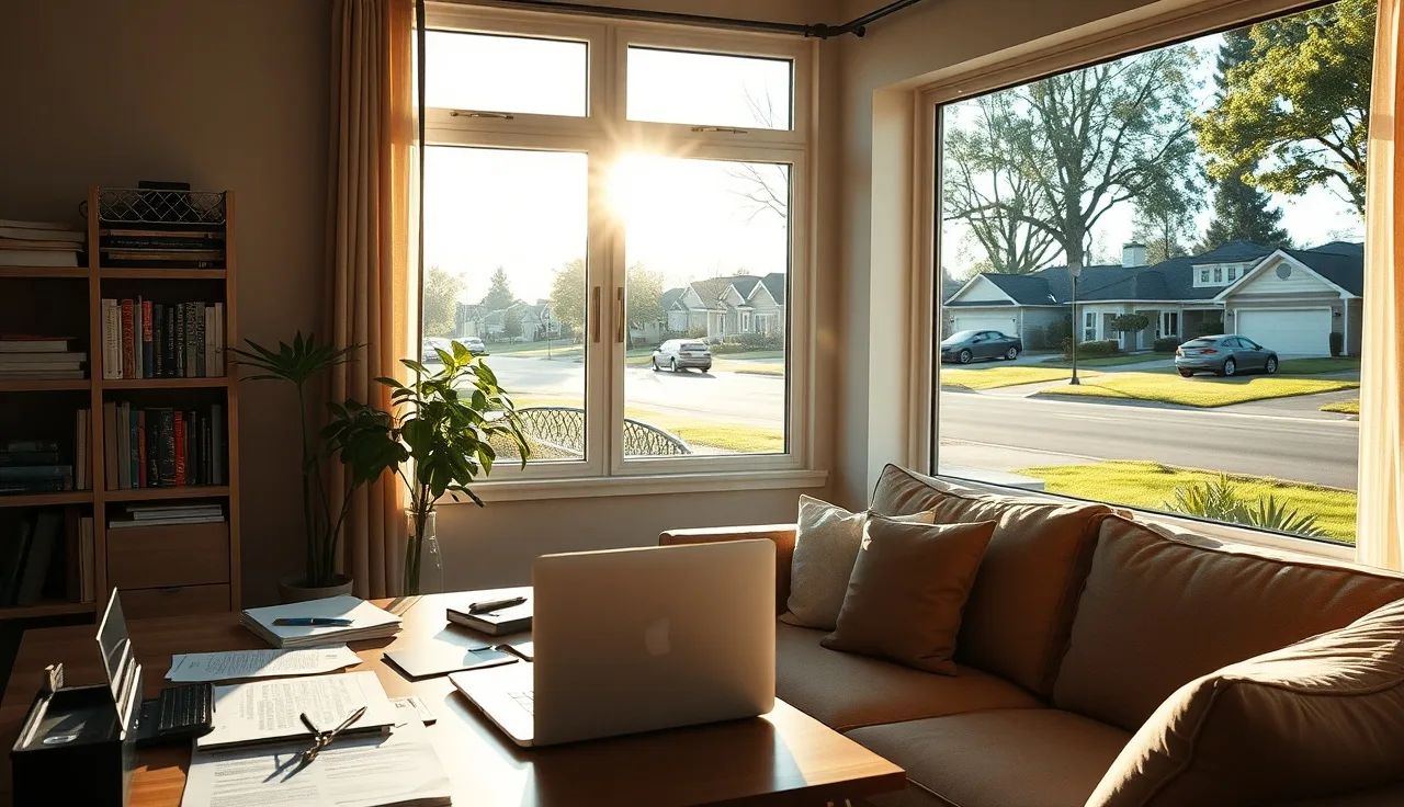 Sunlit home office desk with laptop overlooking a quiet residential street