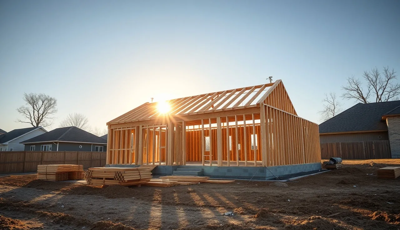 Newly framed wood-frame house on a bare lot under morning light, new construction