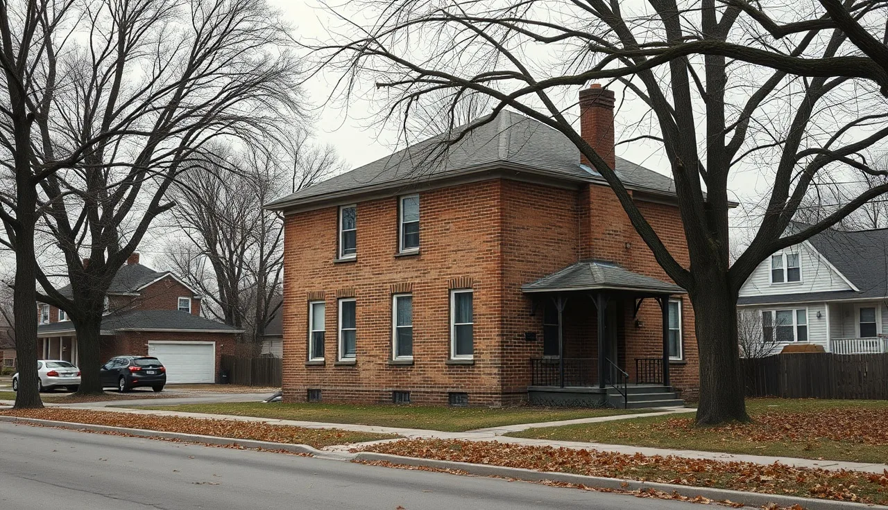 Weathered older brick house on a residential street showing visible age and wear