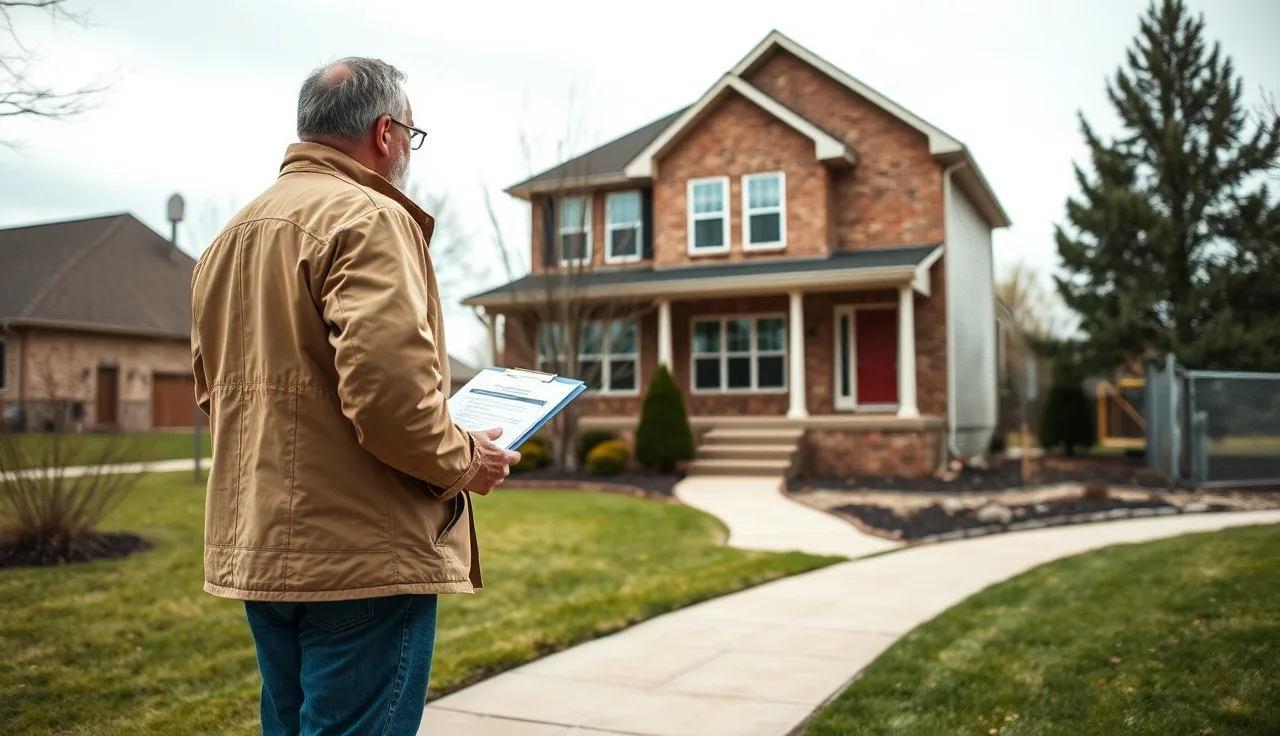 County assessor on sidewalk reviewing clipboard while examining home improvement addition