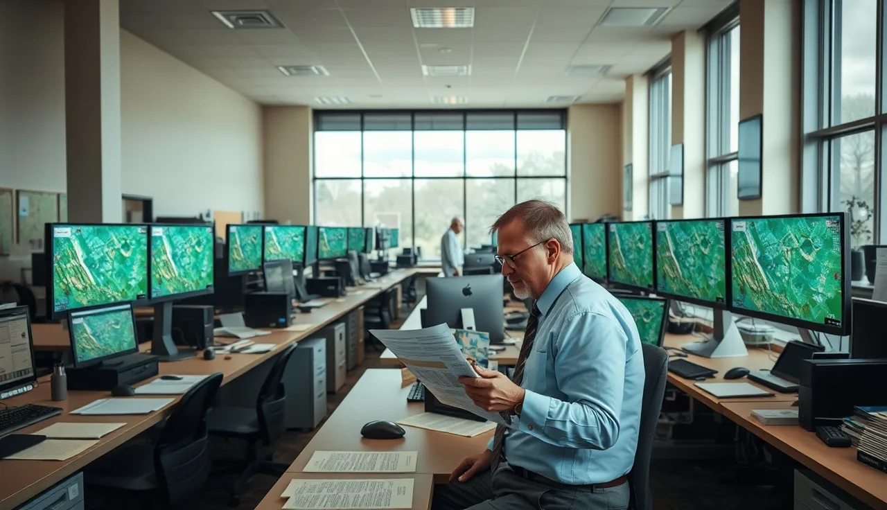 County assessor reviewing property parcel maps on large monitors in an open office