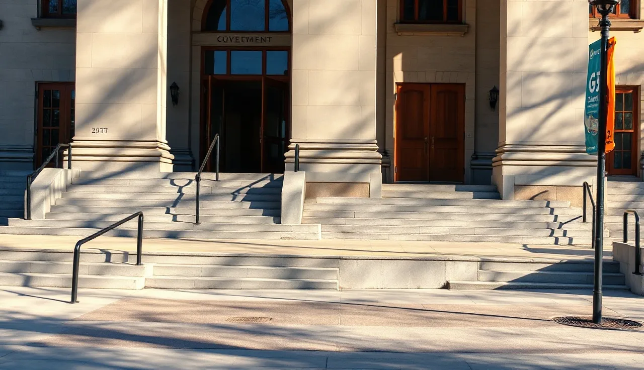 Stone county government building exterior with wide steps on a clear morning