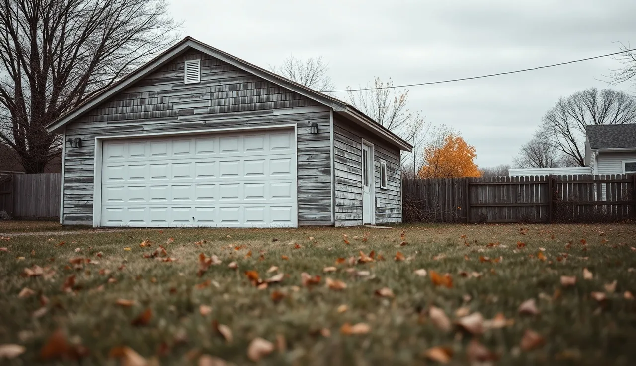 Weathered detached two-car garage in a suburban backyard on an overcast morning