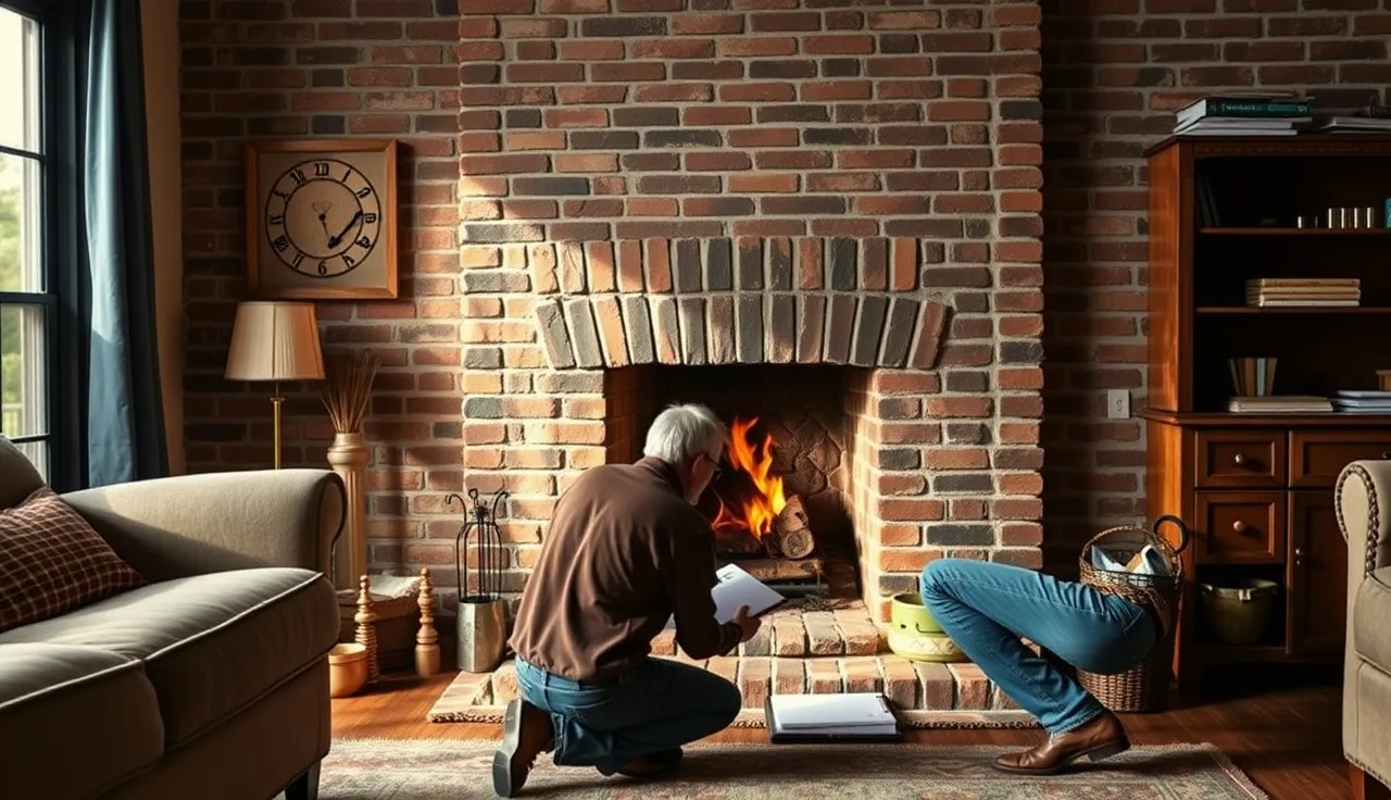 Homeowner inspecting a brick fireplace in a living room for property tax assessment accuracy