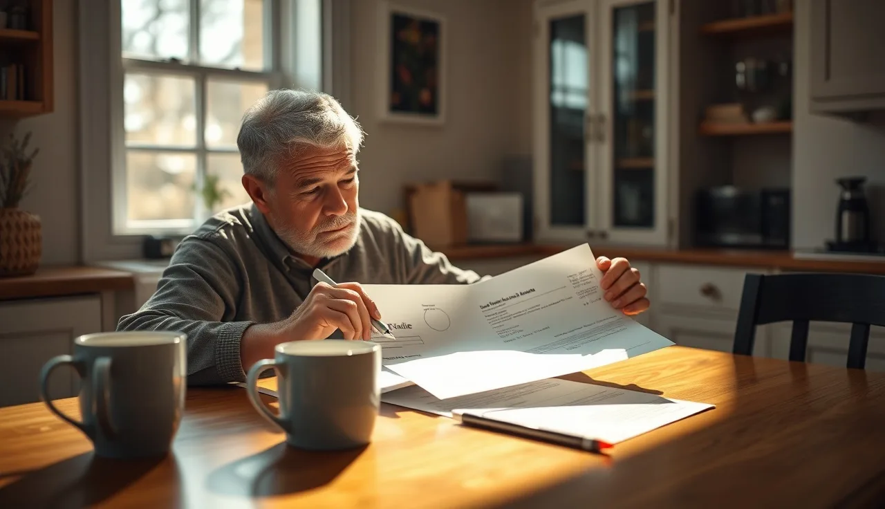 Homeowner reviewing property tax assessment notice at kitchen table in morning light