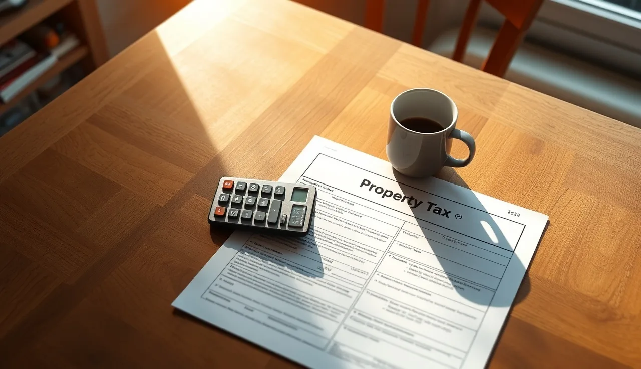 Calculator and property tax statement on a kitchen table showing mill rate math