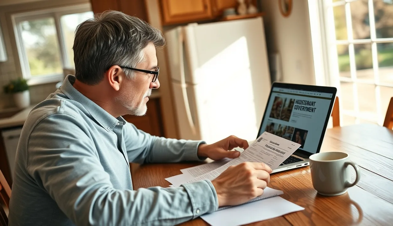 Homeowner reviewing property tax documents at a kitchen table with laptop