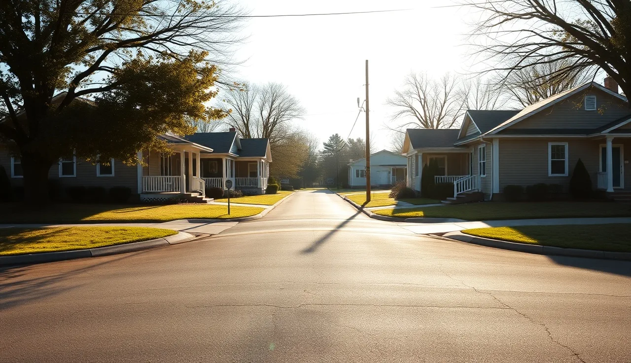 Two nearly identical houses on opposite sides of a neighborhood boundary street
