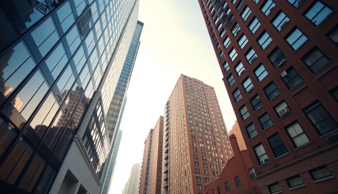 Manhattan condo towers viewed from street level in morning light