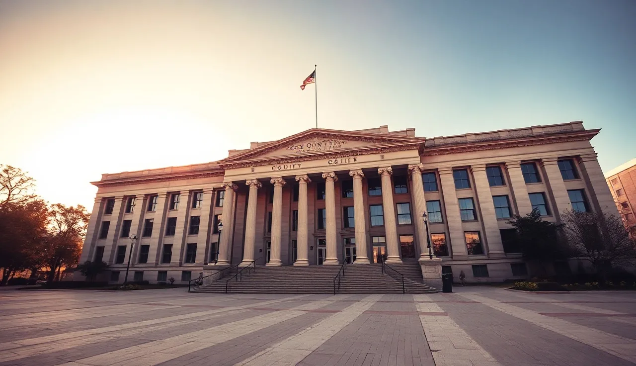 County government building exterior at golden hour with empty public plaza
