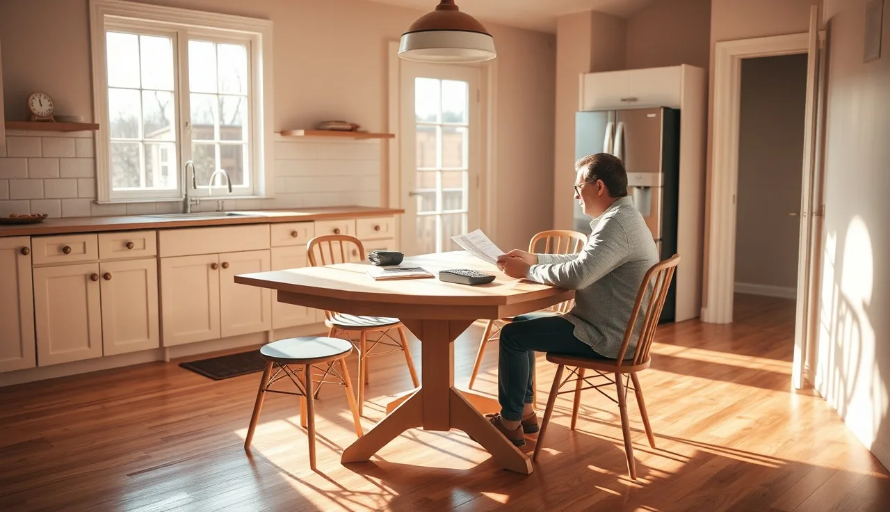 Homebuyer reviewing property tax documents at a kitchen table in an empty house