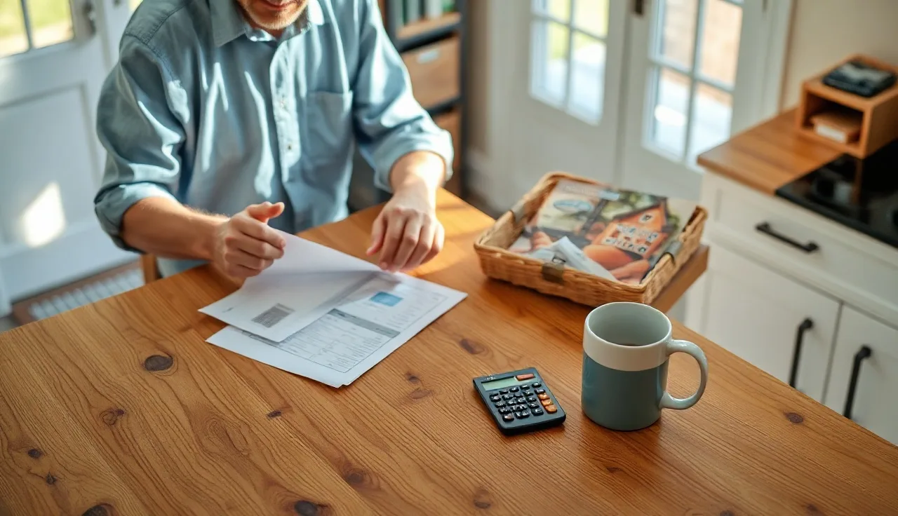 Homeowner reviewing property assessment records and calculator at kitchen table