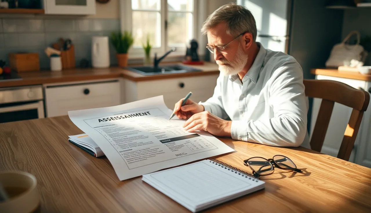 Homeowner reviewing a property tax assessment document with handwritten calculations at a kitchen table