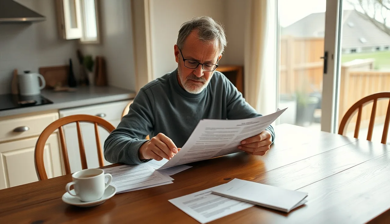 Homeowner reviewing property record card documents at kitchen table to check quality rating