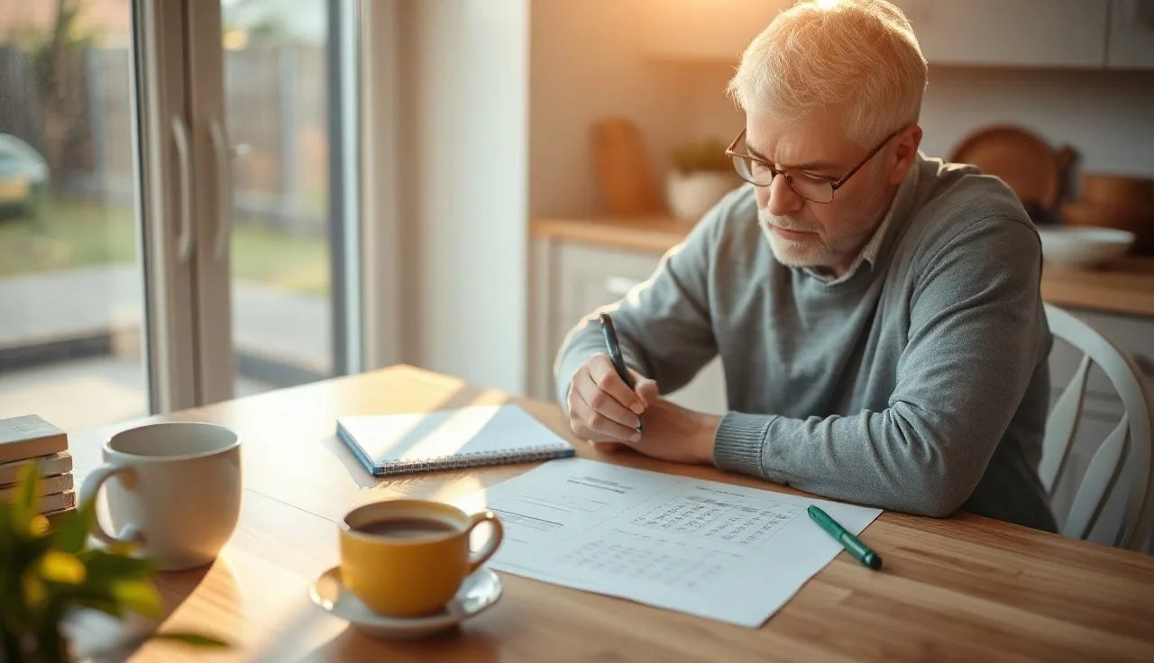 Homeowner reviewing property tax documents and calculating figures at a kitchen table