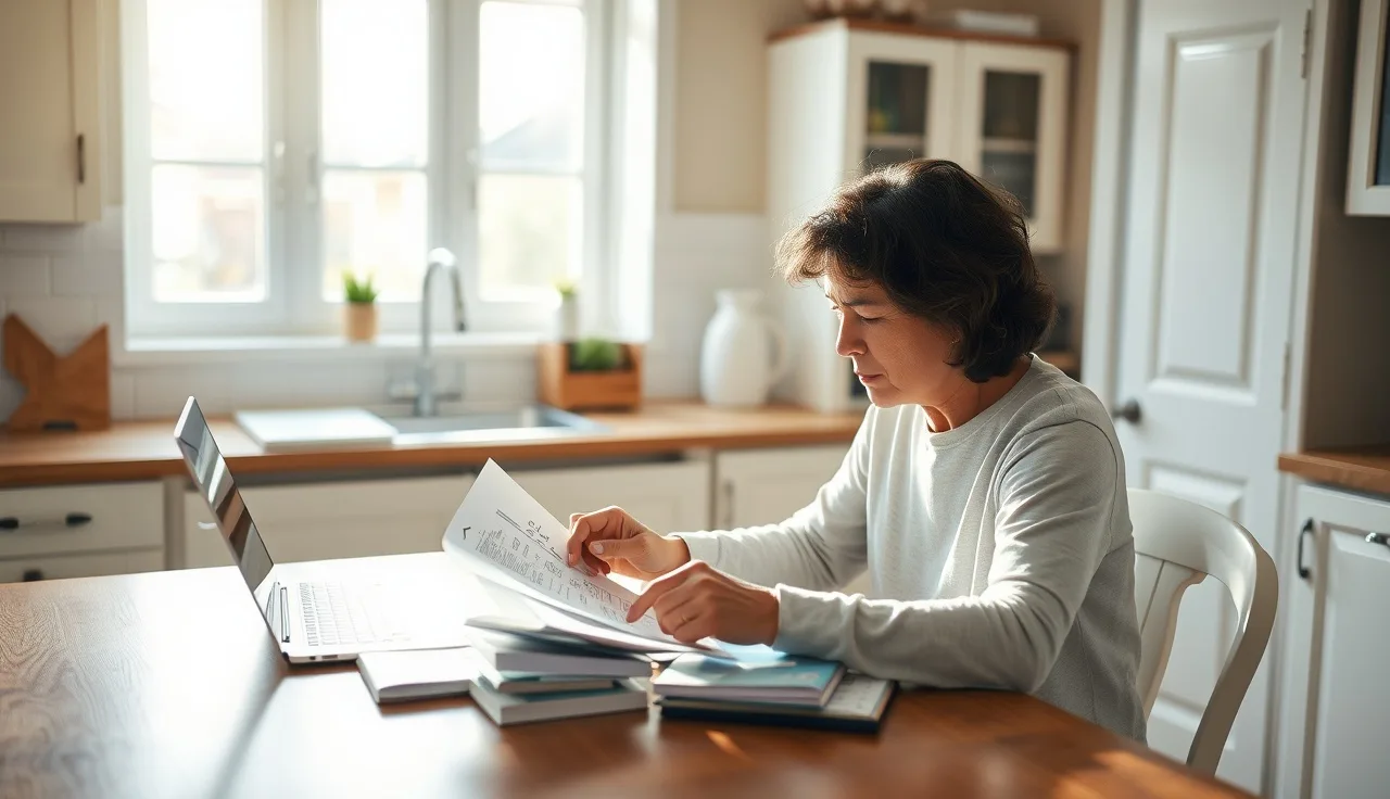 Homeowner reviewing property tax documents at a kitchen table in morning light