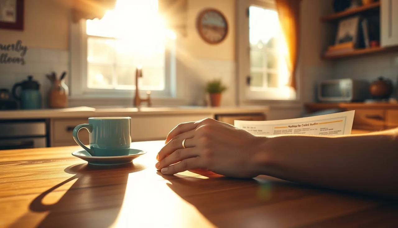 Homeowner reviewing property tax documents at a kitchen table before closing