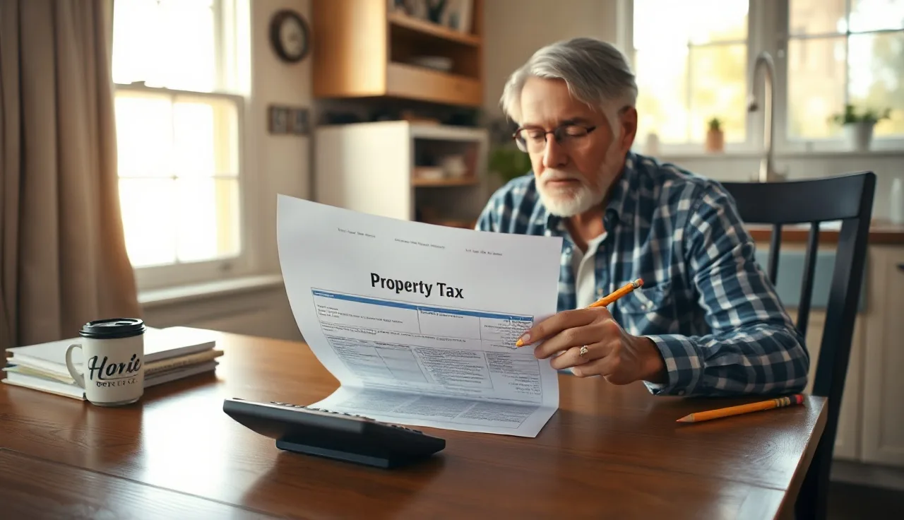 Homeowner reviewing a property tax document with a calculator at kitchen table