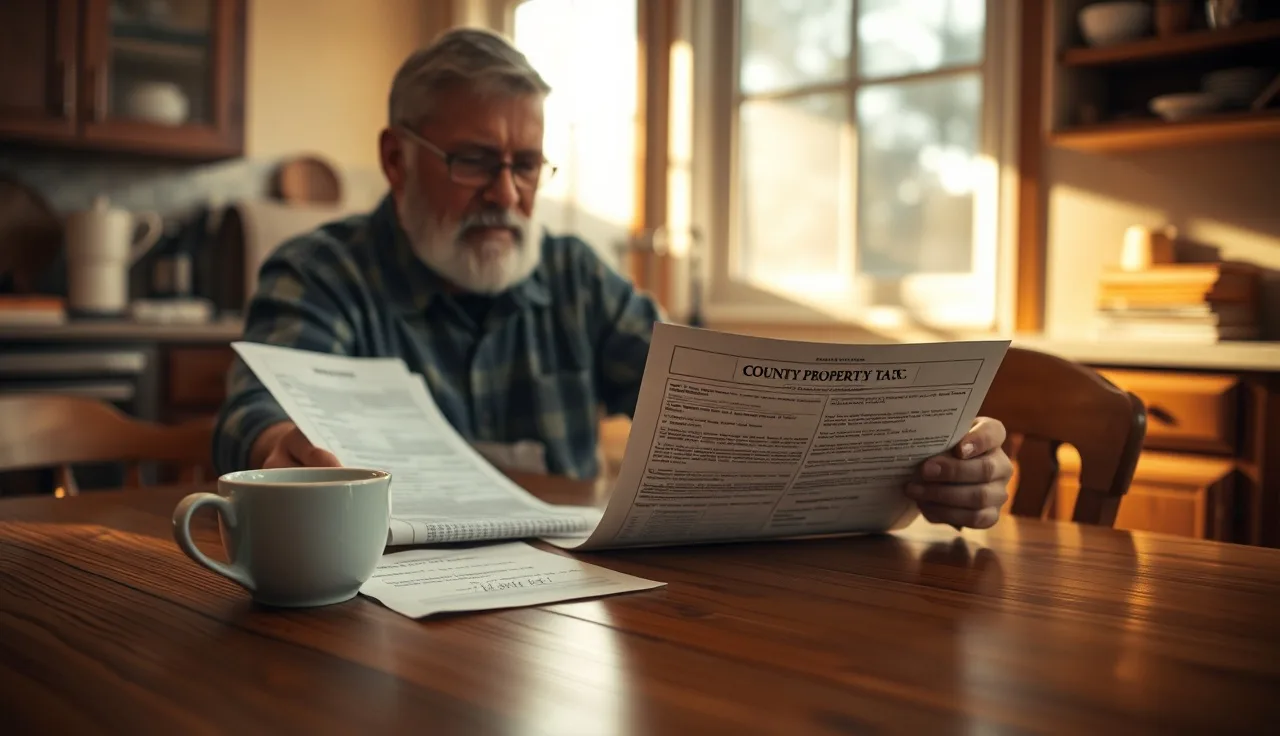 Homeowner reviewing a property tax bill at a kitchen table in morning light