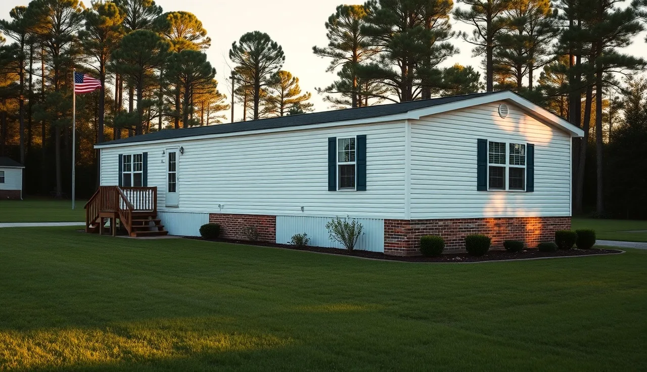Manufactured home with permanent brick foundation skirting on a residential lot