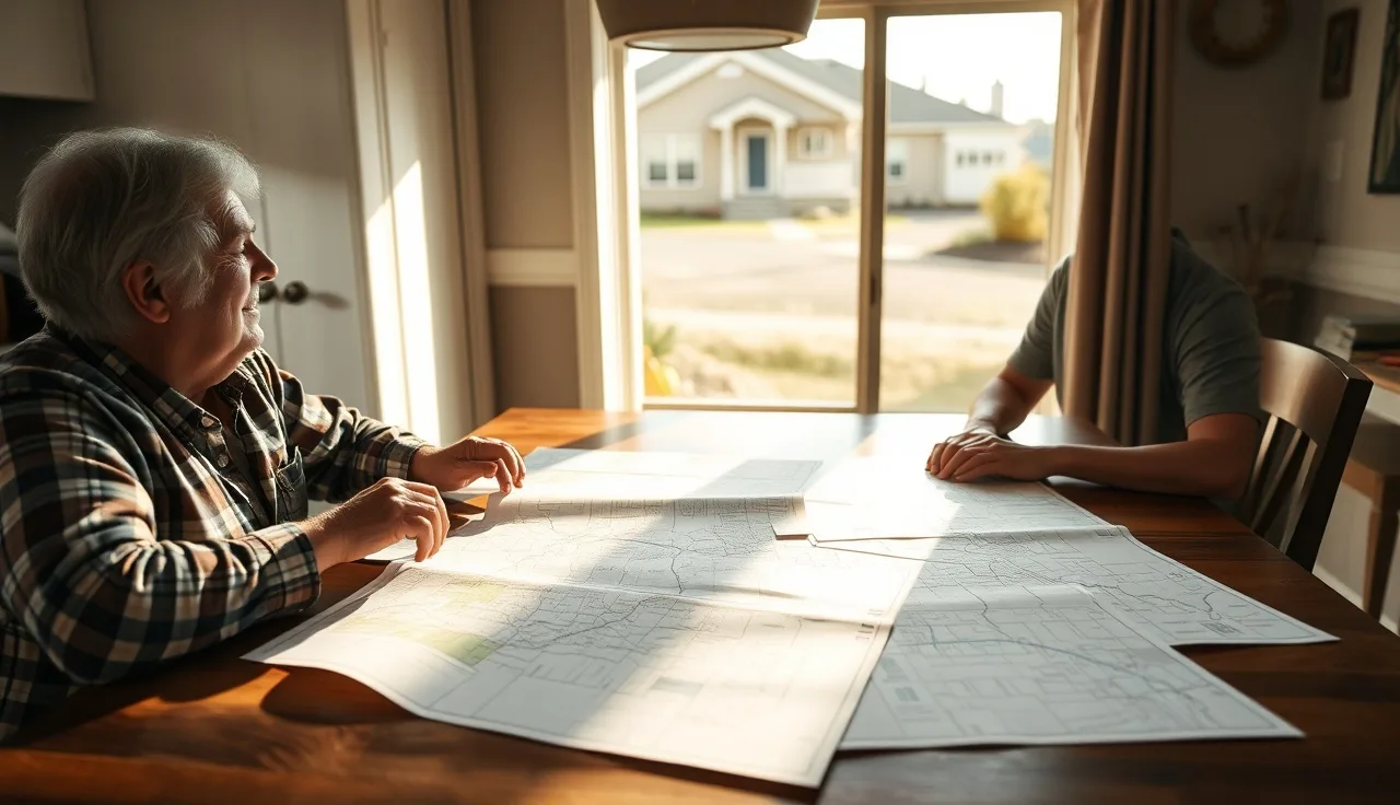 Homeowner reviewing county parcel maps at kitchen table to check neighborhood code