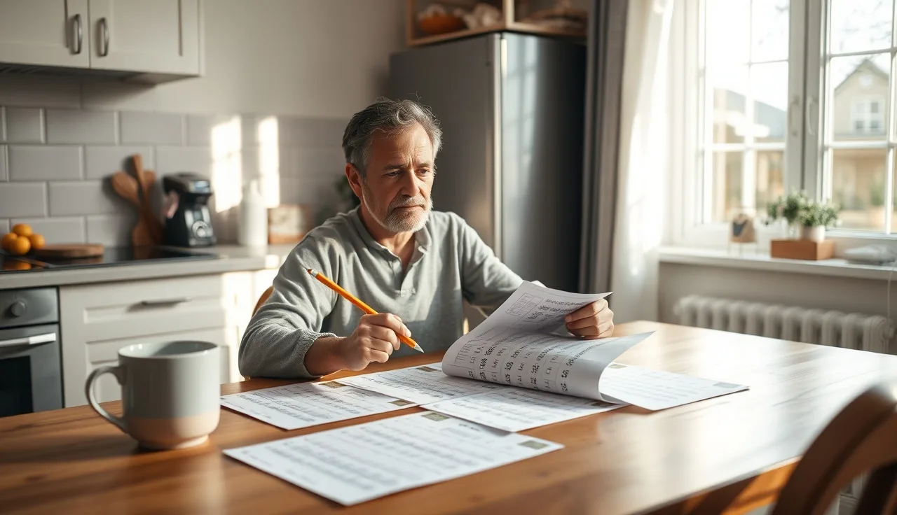Homeowner reviewing printed property assessment history records at kitchen table