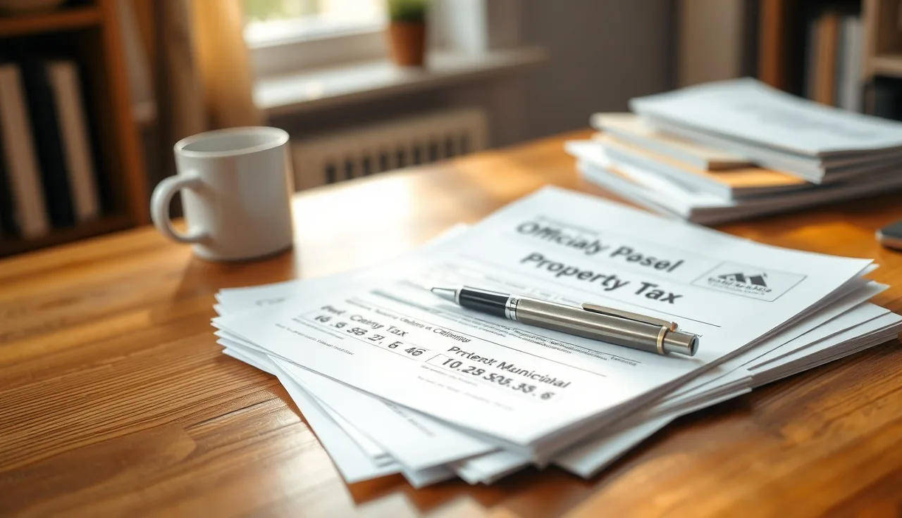 Property tax assessment documents on a desk with a pen, co-op appeal paperwork