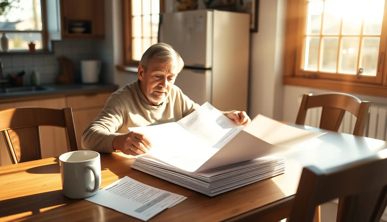 Homeowner reviewing property tax assessment notice at kitchen table in afternoon light