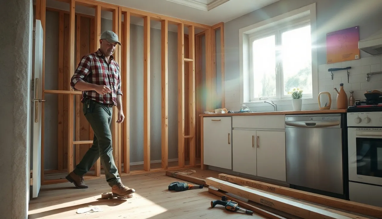 Homeowner inspecting wall framing during a kitchen renovation project