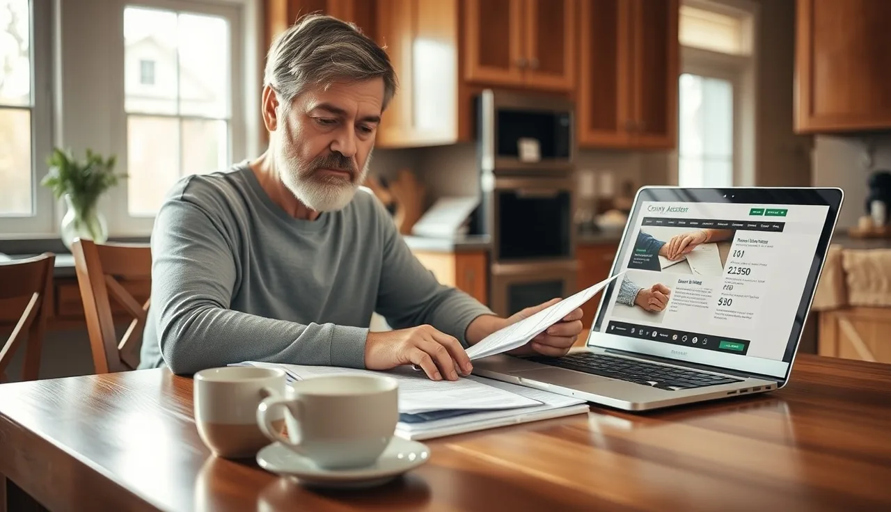Homeowner reviewing county property tax records at kitchen table before buying
