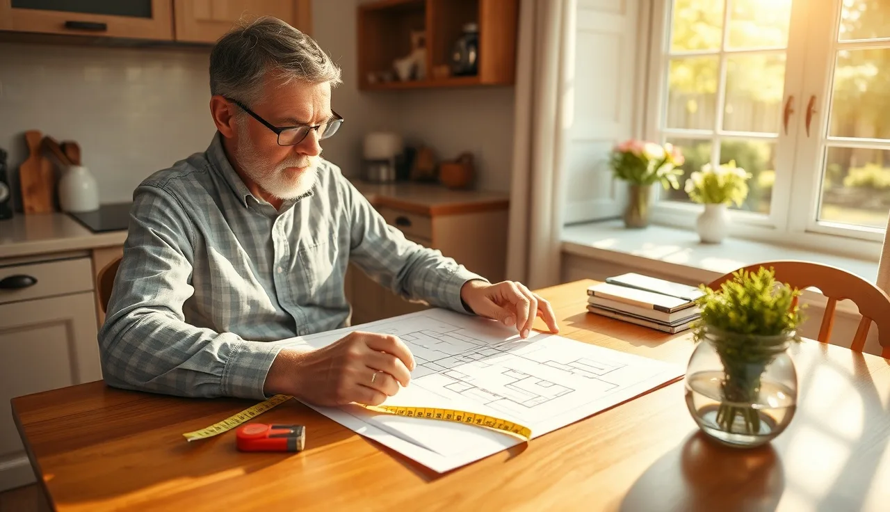 Homeowner reviewing property measurements and floor plan sketch at kitchen table
