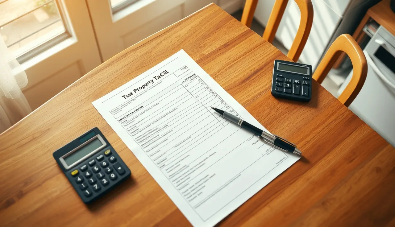 Printed property tax bill and calculator on a wooden table in morning light