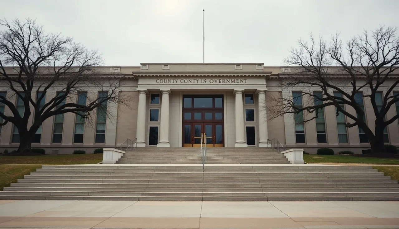 County assessor government building exterior with stone steps and oak trees