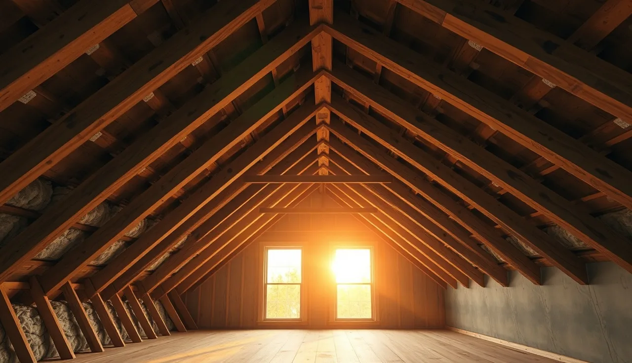 Attic space divided between raw unfinished rafters and finished drywall flooring for tax comparison