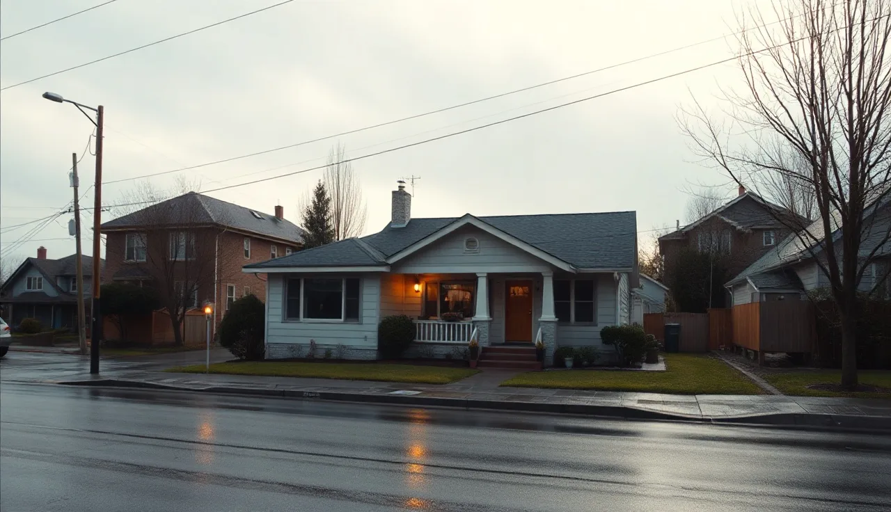 Craftsman home on a Seattle residential street with wet pavement in morning light