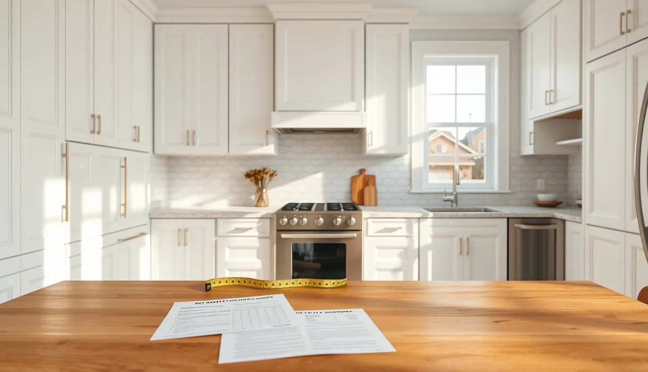 Remodeled kitchen interior with contractor tape measure and property assessment papers on table