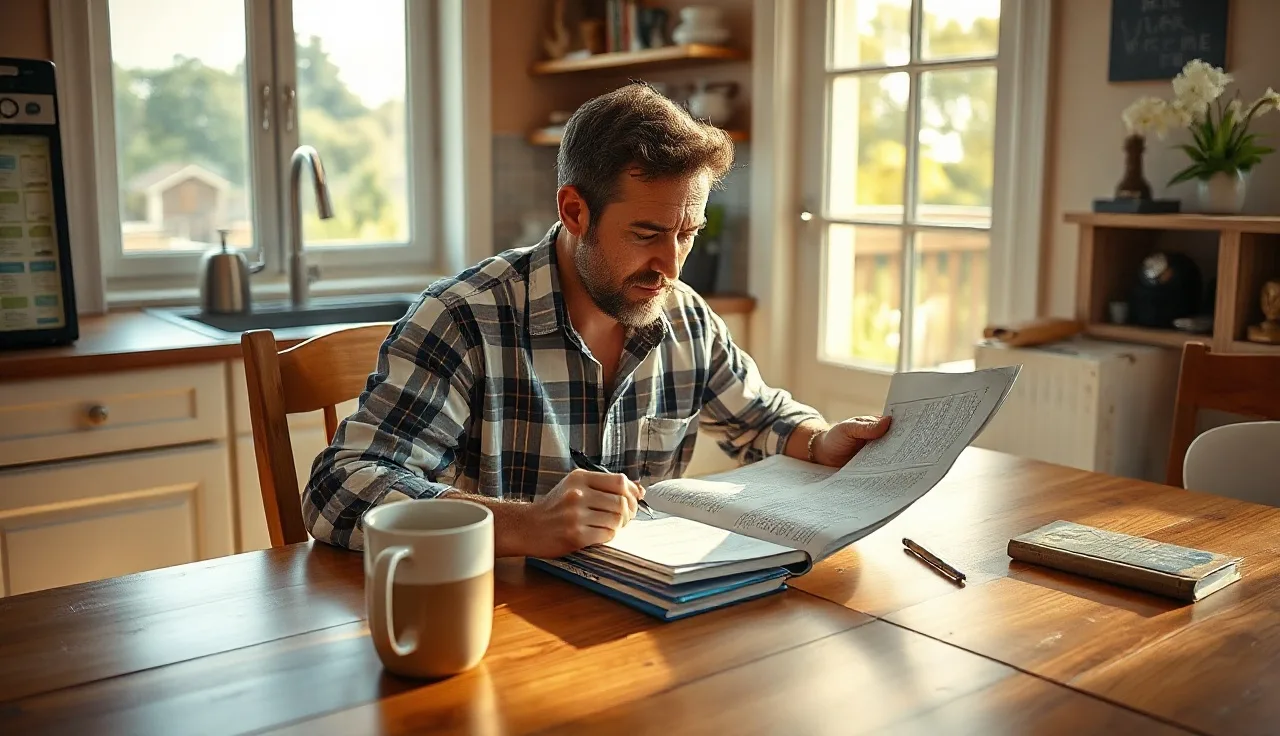 Homeowner reviewing property documents at a kitchen table in morning light