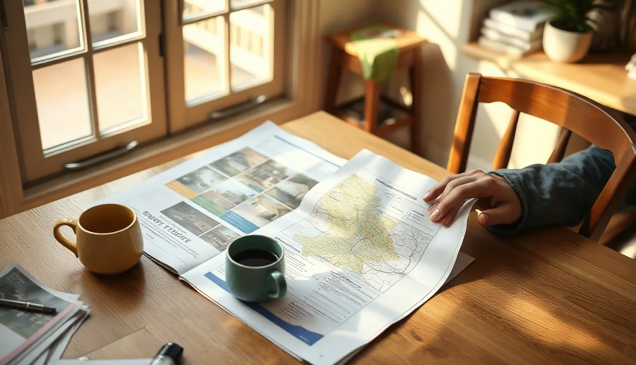 Homeowner reviewing property assessment documents at kitchen table, morning light
