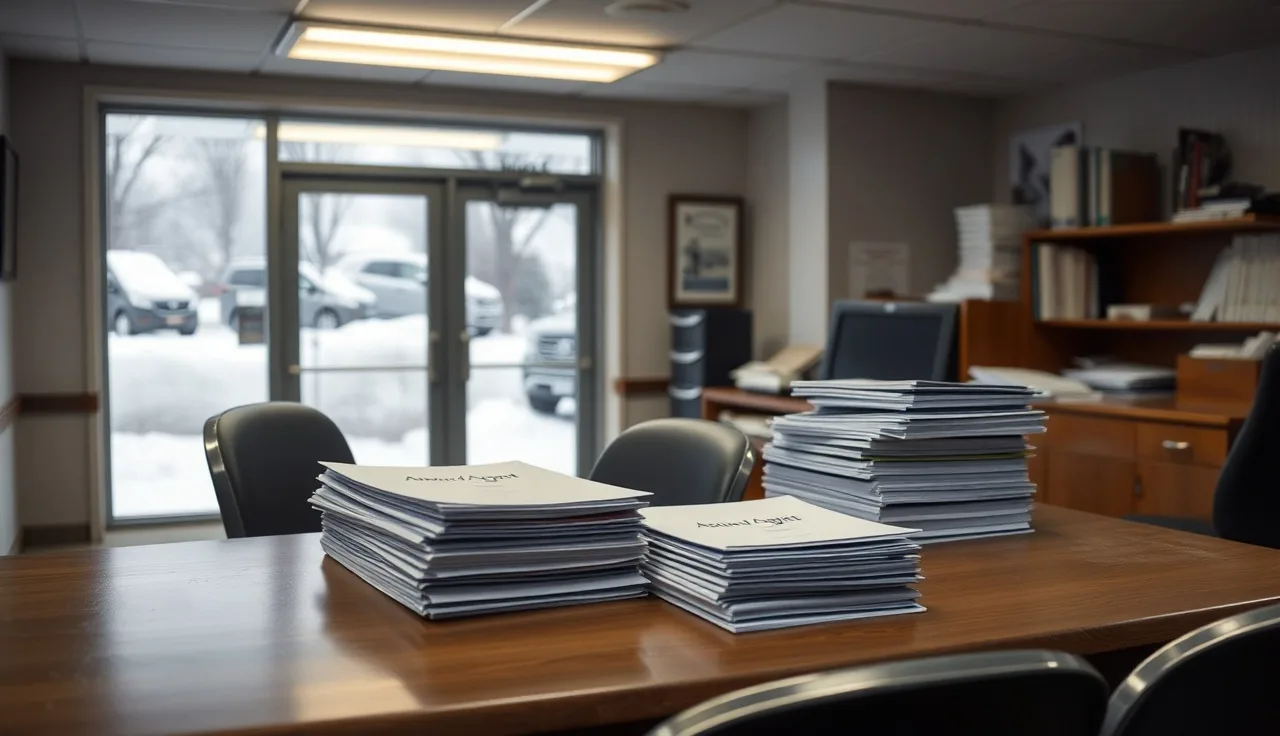 Township assessor office counter with property tax documents on a winter morning