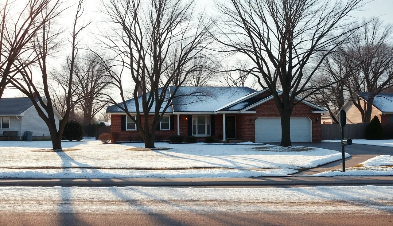 Brick ranch house on a quiet Michigan street in winter morning light