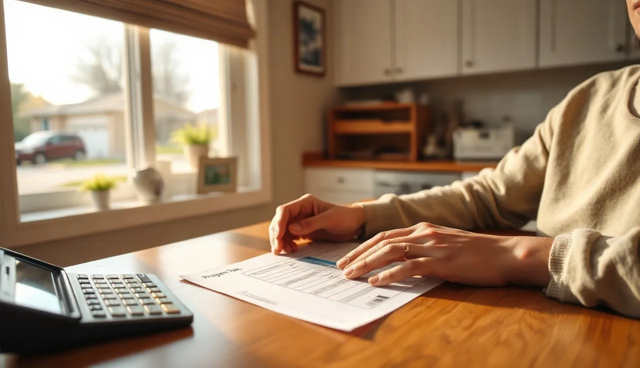 Homeowner reviewing a printed property tax bill at a kitchen table