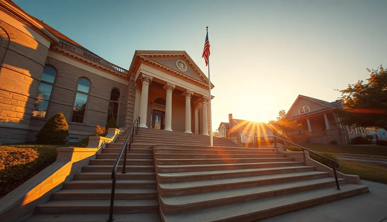 County government building exterior at golden hour with residential neighborhood behind it