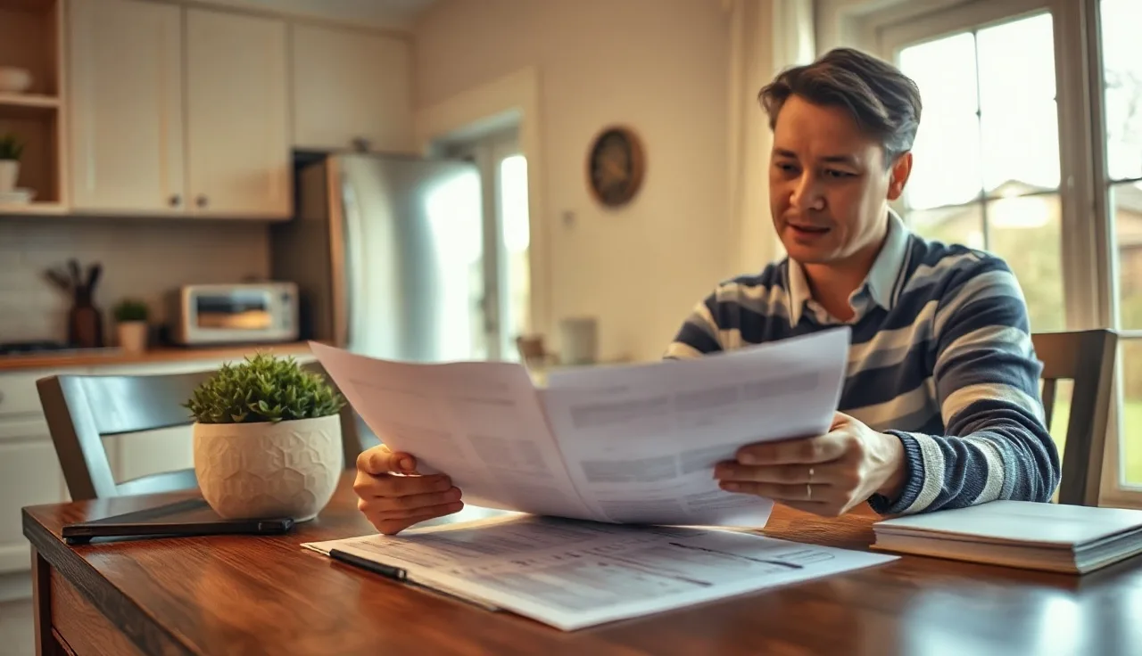 Homeowner reviewing property tax documents at a kitchen table in afternoon light