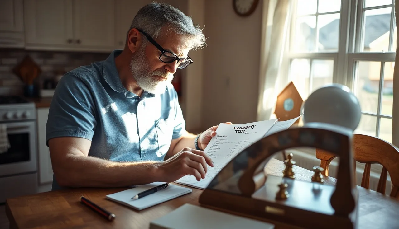 Homeowner reviewing a property tax bill and mill rate calculations at kitchen table