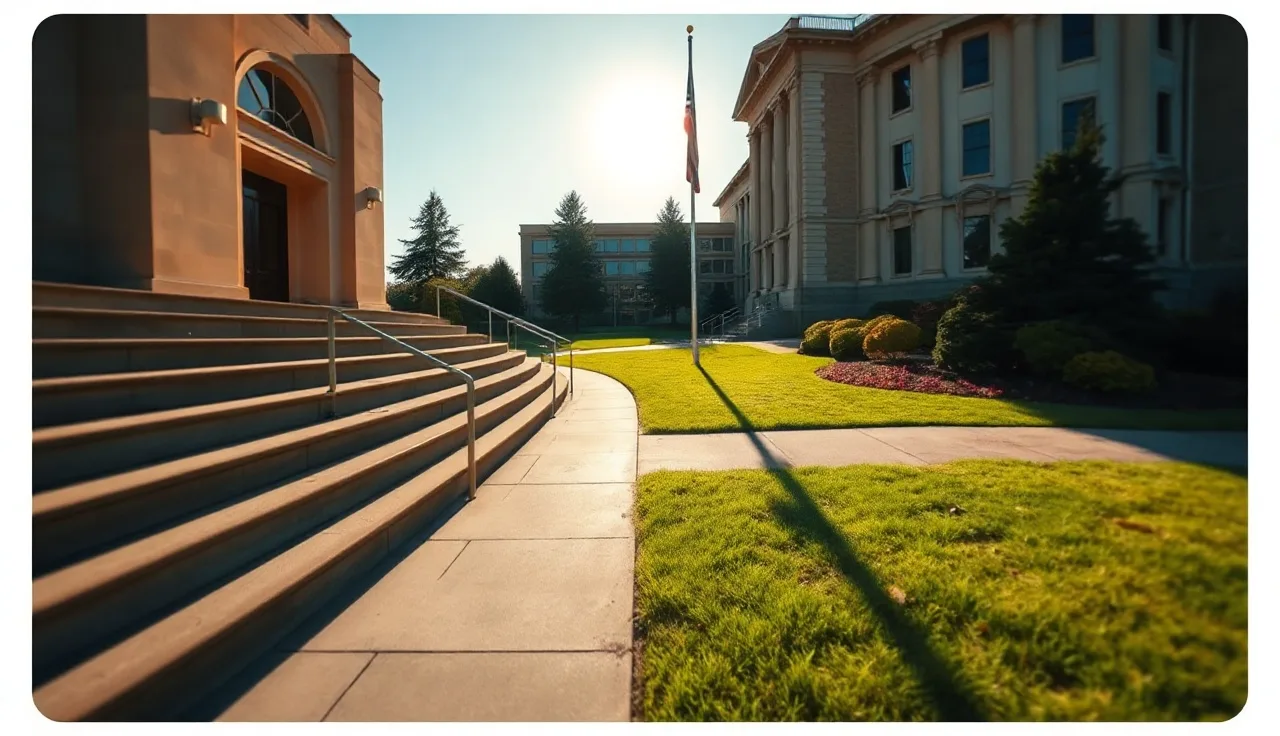County government building exterior in morning sunlight, flagpole shadow across stone steps