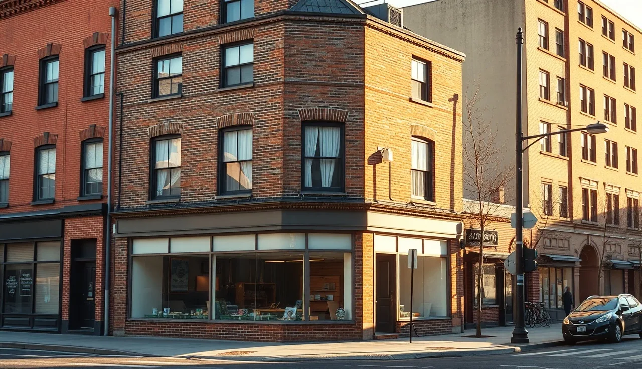 Mixed-use corner building with ground-floor retail and residential apartments above