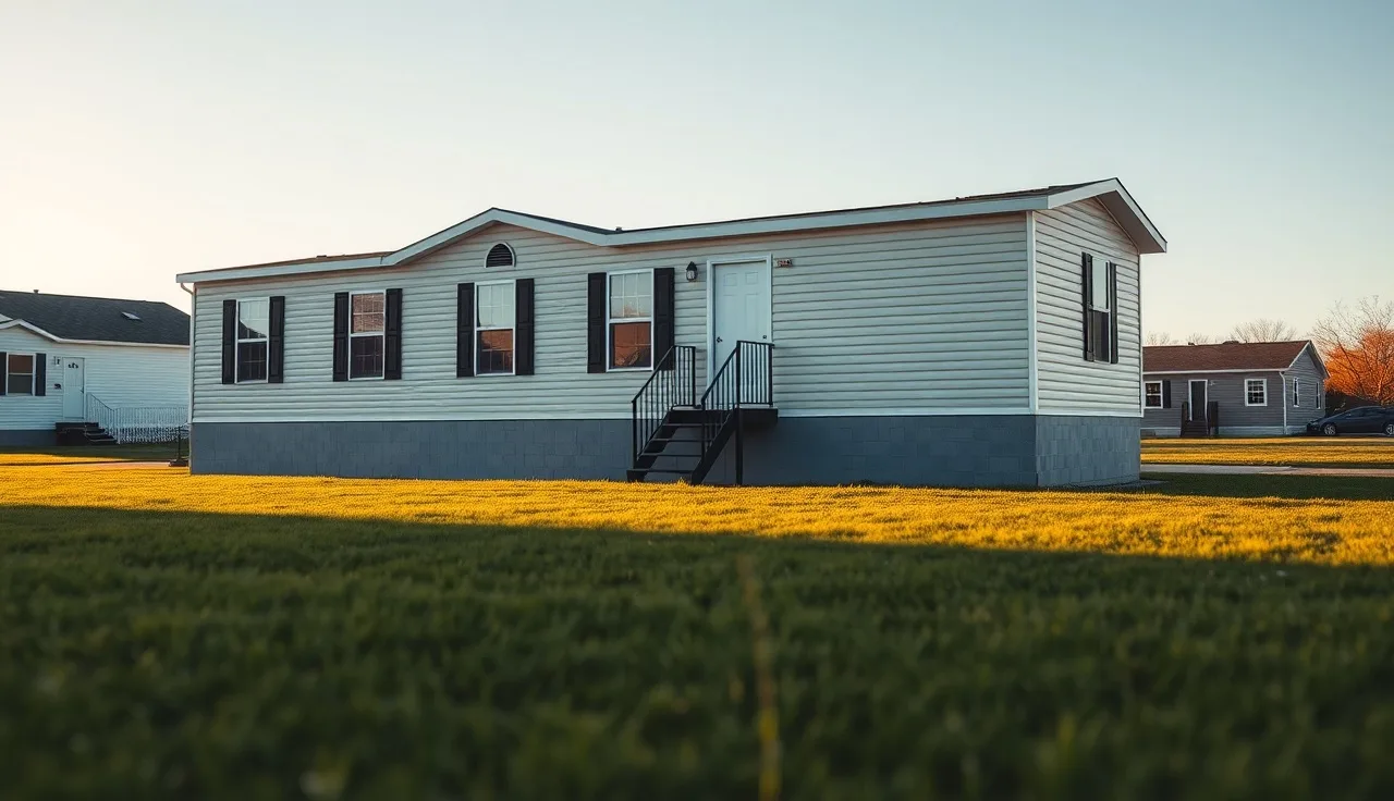Double-wide manufactured home on a permanent foundation under afternoon light