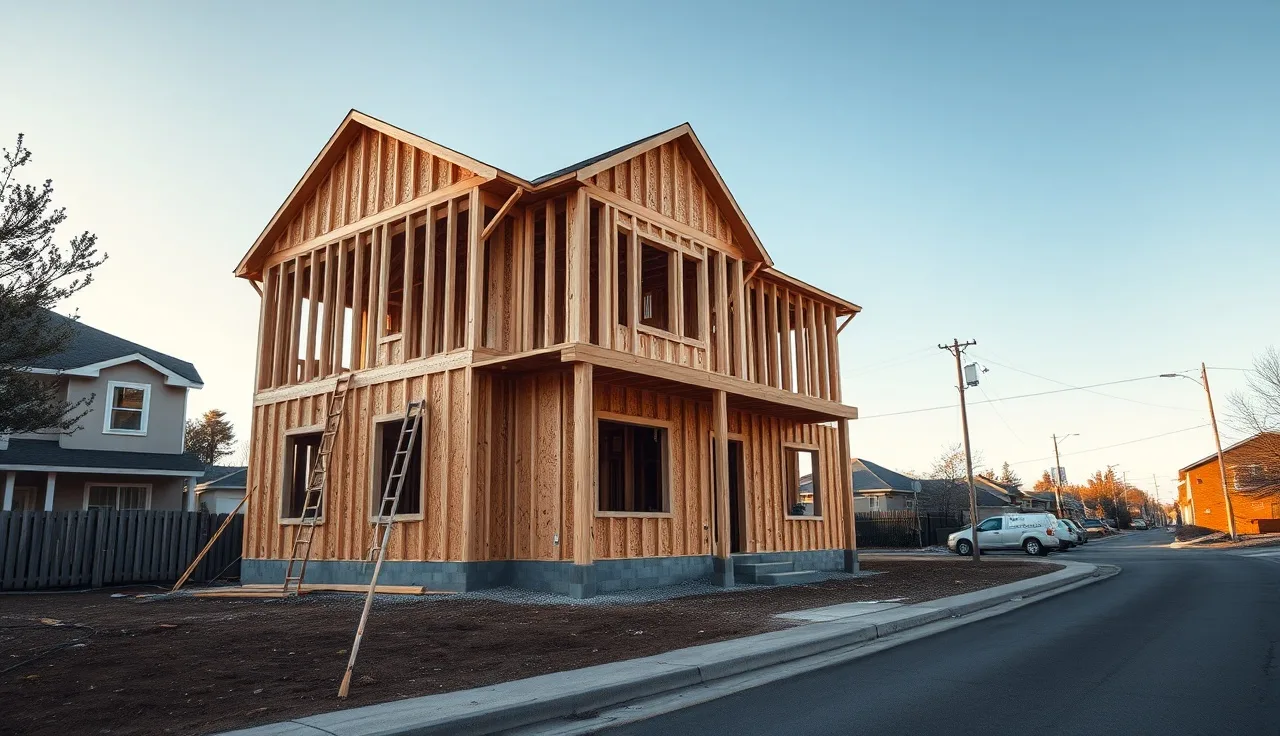 New wood-frame house under construction on a suburban lot in afternoon light